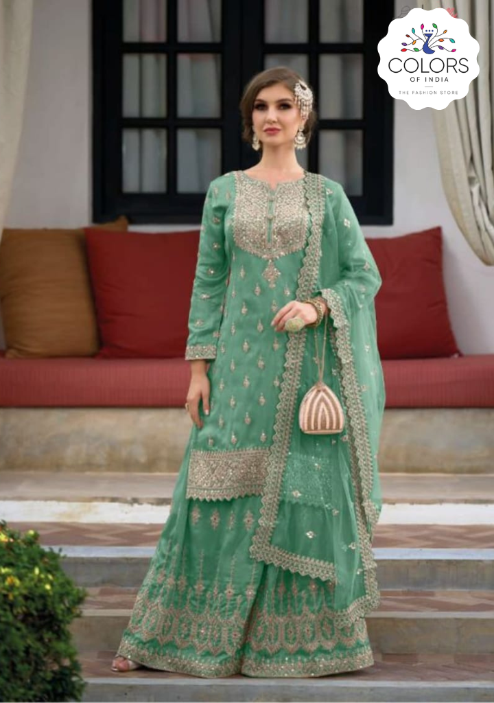 Gorgeous Gota Patti Worked Pakistani Style Sharara Suit - Seafoam Green –  Colors of India