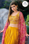 Embroidered Crop Top Dhoti Set with Printed Cape - Golden Yellow