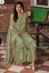 Muslin Silk Embroidered Sharara Suit - Olive Green
