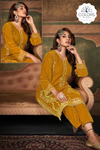 Sequin and Beads Embroidered Velvet Kurta Suit in Yellow