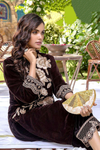 Floral Embroidered Velvet Kurta Set in Coffee Shade