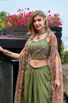 Embroidered Crop Top Dhoti Set with Printed Cape - Olive Green
