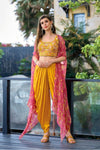 Embroidered Crop Top Dhoti Set with Printed Cape - Golden Yellow