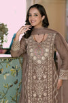 Embroidered Organza Suit - Chocolate Brown