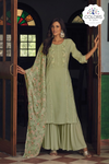 Muslin Silk Embroidered Sharara Suit - Olive Green