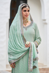 Mint Green Sequin Embellished Sharara Suit With Lace Detailing