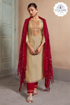 Beige & Red Embroidered Cotton Salwar Suit