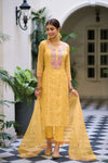 Floral Embroidered Organza Suit - Amber Yellow