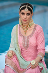 Pink Sequin Embellished Sharara Suit With Lace Detailing