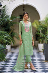 Floral Embroidered Organza Suit - Fern Green