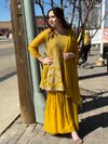 Embroidered Georgette Gharara Suit in Mustard Yellow