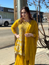 Embroidered Georgette Gharara Suit in Mustard Yellow