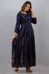Ethnic Motif Printed A-Line Gown - Navy Blue