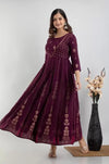 Ethnic Motif Printed A-Line Gown in Wine Colour