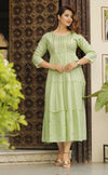Olive Green Mirror Work Tiering A-Line Ethnic Dress