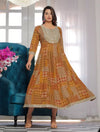 Mustard Yellow Sequin Embroidered Printed A-Line Ethnic Dress