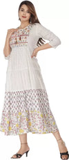 White Motif Print Tiering A-Line Ethnic Dress
