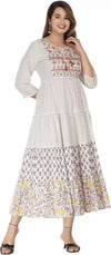 White Motif Print Tiering A-Line Ethnic Dress
