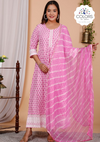 Chikankari Embroidered Long Anarkali Kurti With Dupatta - Pink