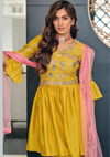 Peplum Style Festive Wear Georgette Embroidered Gharara Suit - Amber Yellow