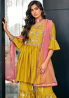 Peplum Style Festive Wear Georgette Embroidered Gharara Suit - Amber Yellow