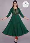 Embroidered A-Line Long Kurti - Green