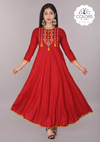 Embroidered A-Line Long Kurti - Red