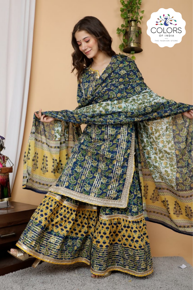 Buy Yellow Silk Chanderi Embroidered Gota Patti Scoop Kurta Sharara Set For  Women by Pink City Online at Aza Fashions.