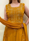 Mustard Yellow Designer Long Dress With Swarovaki Work