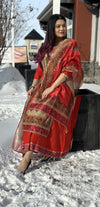 Elegant Chanderi Cotton Sequin Work Digital Print Long Dress - Red