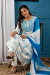White & Blue Toned Hand Blocked Print Embroidered Anarkali Suit