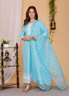 Chikankari Embroidered Long Anarkali Kurti With Dupatta - Turquoise Blue