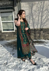 Elegant Chanderi Pine Green Kundan Handwork Digital Print Long Dress