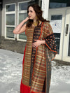Elegant Chanderi Cotton Sequin Work Digital Print Long Dress - Honey & Red
