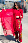 Berry red shaded with multi coloured floral sequins embroidered Designer suit
