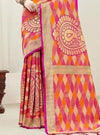 Half and half Banarasi magenta with orange shaded diamond shape weaved Banarasi silk saree