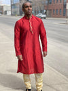 Imperial red shaded golden embroidery worked Chinese collar silk kurta pajama - Colors of India