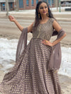 Wood Grey Shaded Designer Long Dress With Dupatta
