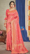 Coral pink shaded zari weaved Banarasi silk saree