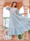 All Over Floral Print Embroidered A-Line Flared Dress - Powder Blue