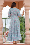 All Over Floral Print Embroidered A-Line Flared Dress - Powder Blue